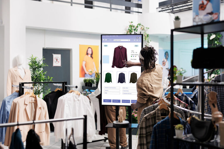 A person browsing clothing options on a digital touchscreen in a retail store.