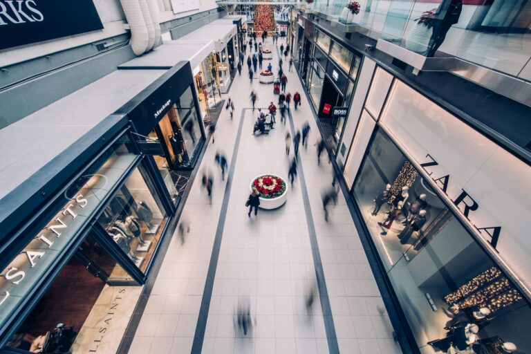 A mall with a lot of foot traffic, that benefits from a royalty-free music playlist